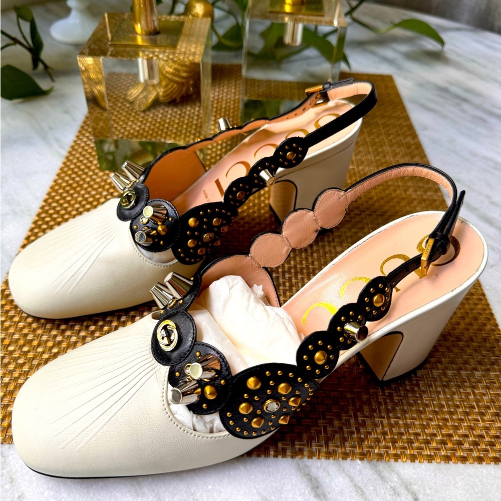 GUCCI Paulina leather dusty white/ black sandals EUR 39 US 9 - Picture 2 of 5